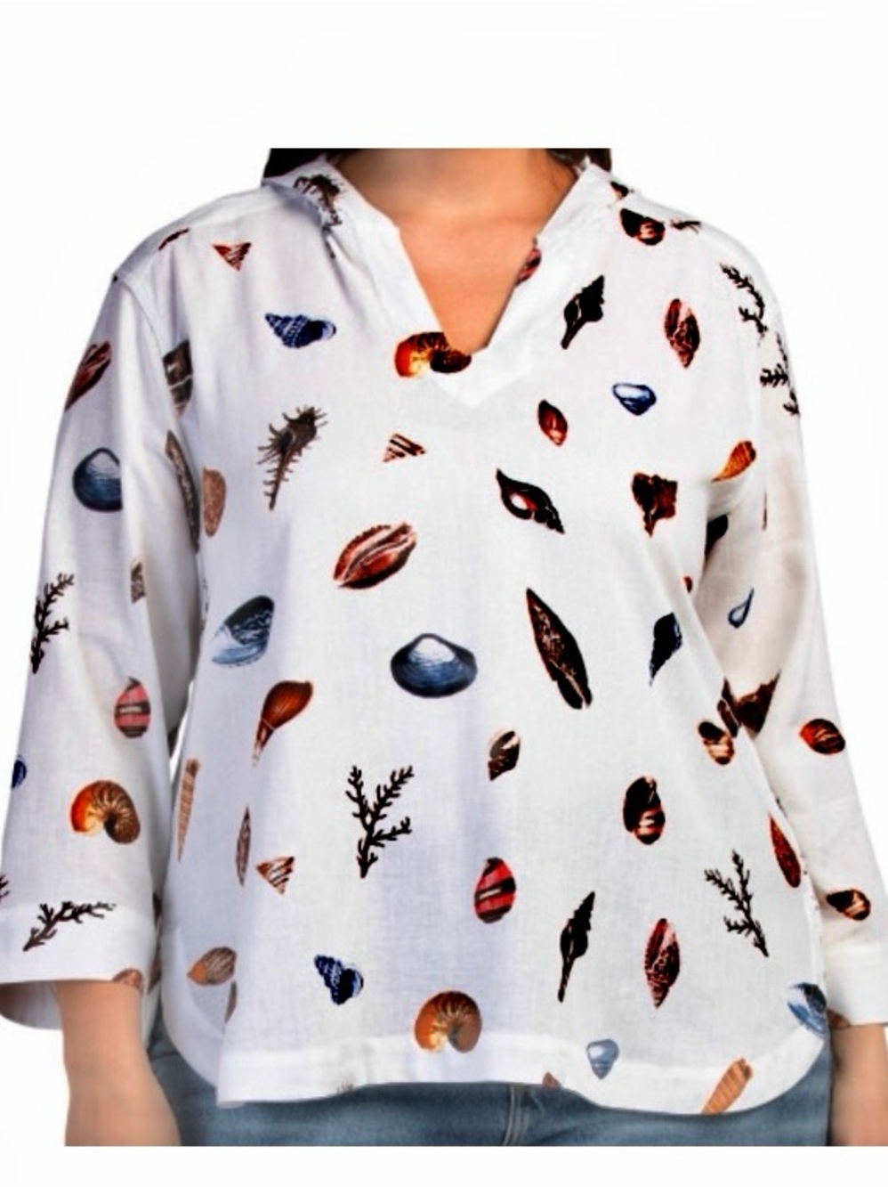 Jane and Delancey Cream Shell-Print V-Neck Blouse